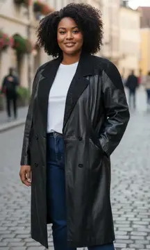 Vintage Diana Marco 80s Woman’s Leather Trench Coat Black Witchy Grunge size 20