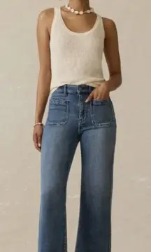 Faherty Women's Stretch Terry Patch Pocket Flare Jeans in a dark blue wash 28