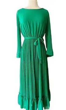 ITALIAN Emerald Green Dress Pleated Midi Crew Neck Long Sleeves Ruffles One Size