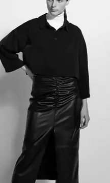 NWT  Black Faux Leather W/ Ruching Midi Skirt