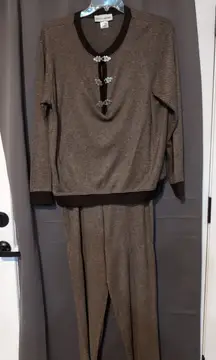 Cathy Daniels Women's Large Brown Tunic & Pants, 2PC Set, Ornamental‎ Clasps