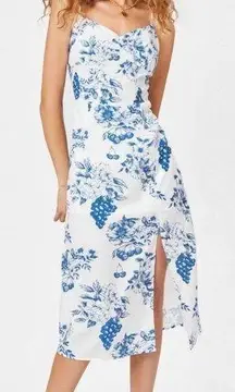 Cider White Shoulder Tie Blue Floral Print Midi Dress