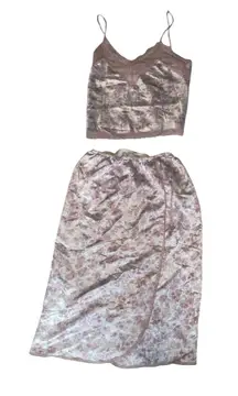 vintage floral pink and white slip top and midi skirt set