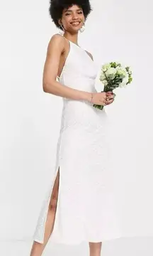 Little Mistress  Bridal Lace Midi Dress With Low Back In Ivory Size Small