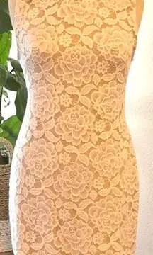 Lace White And Nude Mock Neck Lace Up Dress