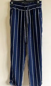 Zara TRF Striped Straight Leg Crop Trousers Drawstring Waist Womens Size XS Navy