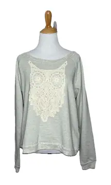 Miss Me Sweater Gray Pullover Long Sleeve Sweat Shirt Owl Knit Womens Large