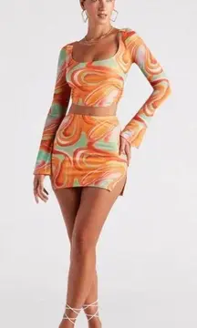 Windsor - Funky Fresh Swirl Mesh Crop Top & Mini Skirt in Orange & Teal