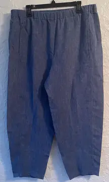 Eileen Fisher Linen Pants L Blue Chambray Pull On Elastic Wide Leg Lagenlook