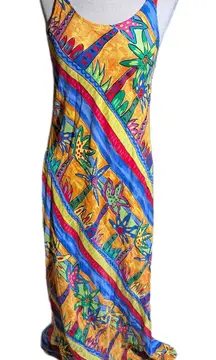Vtg 1990s Palm Bay Yellow Colorful Tropical Tree Print Rayon Maxi Sun Dress Sz M