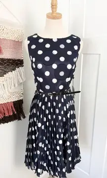 Adrianna Papell Polka Dot Pleated Belted Cocktail Dress Navy Blue White Sz 8 NWT