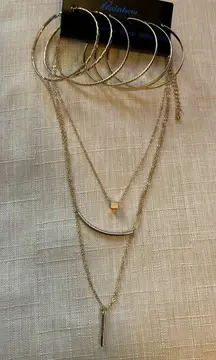 NEW Bar Pendant Layered Necklace with Hoop Earrings Trio Gold Costume