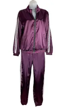 36 Point 5 Womens Satin Tracksuit Set Sz Large Purple Stripe Side Jacket Joggers