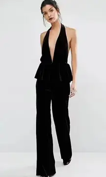 Bec & Bridge Midnight Velvet Jumpsuit Size 2 Black Halter Peplum Straight Leg