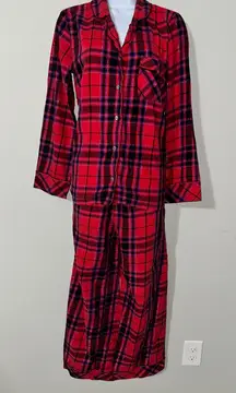 Victoria's Secret Plaid Flannel Pajama Set Long Sleeve Pants Red Purple Sparkle