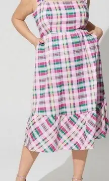 Torrid  Midi Poplin Tiered Ruffle Strap Dress Cotton Plaid Pink Green Size 3