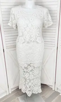 Lumiere Crochet Lace Crop Top Midi Pencil Skirt Set White Large Boho