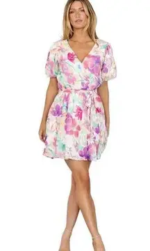 Flying Tomato  Raimi Floral Puff Short Sleeve Dress Size M Pastel Pink Purple