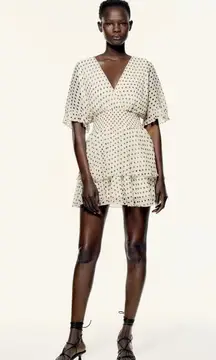 Zara Off White Polka Dot V-neck Wrap Ruffle Layered Smocked Tiered Mini Dress L