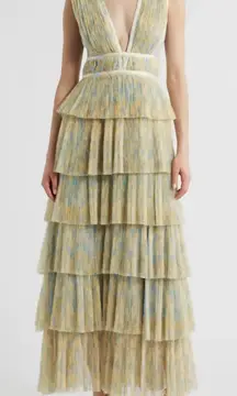 NEW HUTCH Plunge V Neck Tiered Tulle Sky Floral Gown Dress sz 14