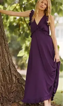 Anthropologie Maxi Dress Deep-V Ruffled‎ Sleeveless Viscose Purple Size Medium