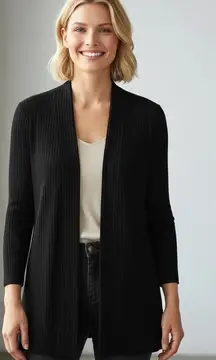 Misook Black Ribbed Knit Cardigan Jacket Open Front Size Medium Career Office