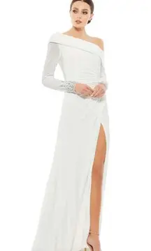 Mac Duggal  Beaded Cuff Drop Shoulder Faux Wrap Gown - White - size 14