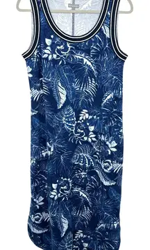 T by Talbots Modal Blend Sleeveless Tropical Leaf Print Midi Dress Navy Blue