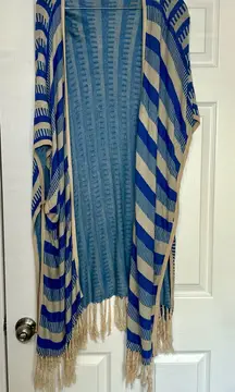 THML Blue and Cream Striped Cardigan Fringe‎ country western boho women’s medium