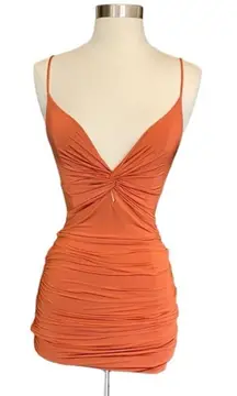 Better Be Ruched Body-con Plunge Mini Dress In Burnt Orange