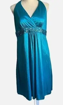 Teal Silky Embellished Halter Party Dress Junior’s Size XL