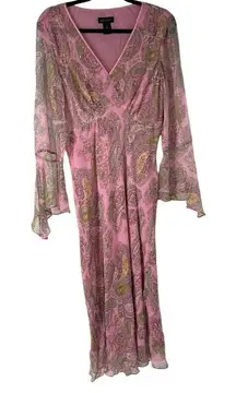 Y2K‎ Pink Paisley Beaded 100% Silk Boho Sleeves Dress L Women’s