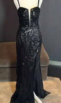 Womens Black Mermaid Fit Prom Party Formal Dress Sparkly Sequins Leg Slit Size 4