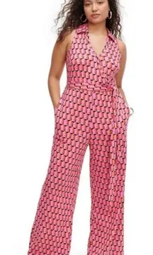Diane von Furstenberg‎ DVF NWT Jumpsuit Geometric Print Sleeveless Belted Pink M