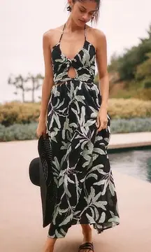 Seafolly  Black, Green, Leaf Print , halter, cut out, open back, Maxi Dress XS