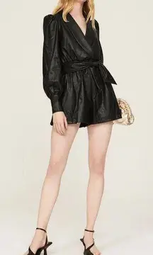 Area Stars Faux Leather Blazer Romper Wrap Top Solid Black Shiny Wet Look size L