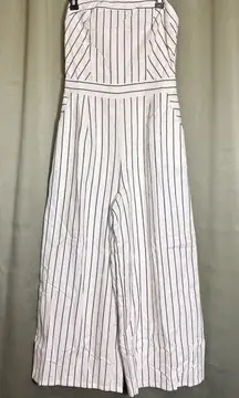 Sugar + Lips Strapless Jumpsuit Romper White Navy Linen Blend Medium Wide Leg