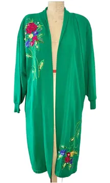 Vintage 1980s Lacy Afternoon Beaded‎ emerald Appliqué Duster small