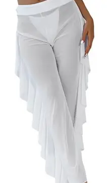 BECCA Sexy Ruffle Sheer Mesh Bikini Swimsuit Beach Cover Up Pants White Sz Small