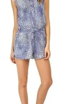 REBECCA TAYLOR Leo Fever Romper Women's 6 Silk Blue White Leopard Sleeveless