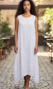 ELLE White Dress SZ L Embossed W/ Embroidery LWD Bow Tie Back Handkerchief Sheer