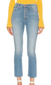 MOTHER The Pixie Dazzler Ankle Fray jeans cropped button fly light wash raw hem