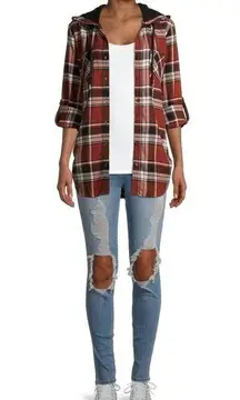 No Boundaries Juniors' Hooded Plaid Flannel Shirt burgundy and black sz XL