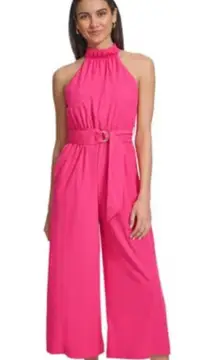 Calvin Klein Women’s Belter Halter Neck Straight-Jumpsuit