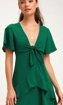 Lulus  Green Tie-Front Ruffled Skater Mini Dress