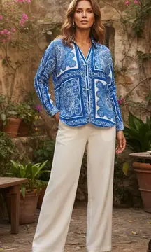 Tolani Onika Arabesque Top Blue White Long Sleeve Button Up Women's Size Small