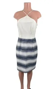 Anthropologie Hutch  White Navy Striped Sleeveless Halter Sheath Tweed Dress Sz 8