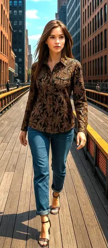 Chicos Size 2 Black Gold Silk Blend Floral Sheer Jacket Artwear Style City Style Brown