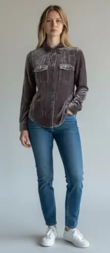 Ecru  Gray Crushed Velvet Button Down Top - Image 1