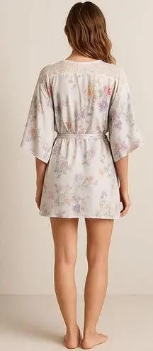 Linea Donatella Floral Kimono Robe S/M Lace Trim Wrap Sheer Lightweight Romantic